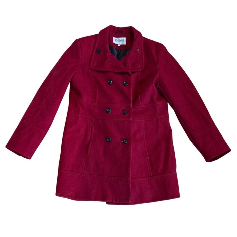 Tower By London Fog Coat Womens Lg Red Double Breasted Wool Blend Peacoat Lined